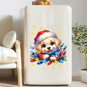 Golden Labrador puppy sticker with Christmas lights applied on a vintage white fridge