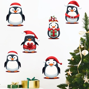 Christmas penguin wall stickers featuring six cartoon penguins in red hats and gift boxes
