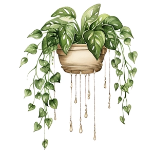 Watercolor green hanging plant wall sticker with potted monstera and bead drops decoration