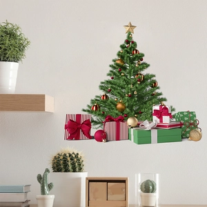 Festive Christmas tree wall sticker with ornaments and gift boxes for home decoration