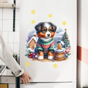 Christmas Aussie Shepherd dog wall sticker with gingerbread house and holiday tree