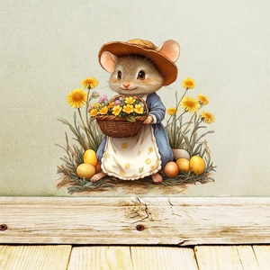 Cute cartoon mouse gardener wall sticker with Easter eggs and flowers on green wall