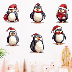 Set of 6 cartoon Christmas penguin wall stickers with red hats for holiday home decoration