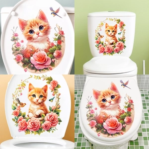 Cute Orange Cat Rose Wreath Toilet Sticker Waterproof PVC Bathroom Decal Floral Animal Wall Art Home Decor Sticker