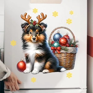 Detailed view of a Sheltie puppy Christmas wall sticker on a white refrigerator surface