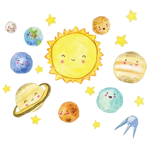 Luminous solar system wall stickers with cute watercolor planets and stars for kids rooms