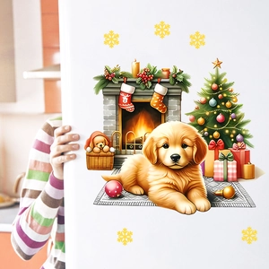 Detail of cute golden retriever Christmas wall sticker on white surface with fireplace scene