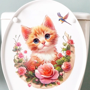 Waterproof toilet lid sticker featuring a cute orange kitten with floral rose garland