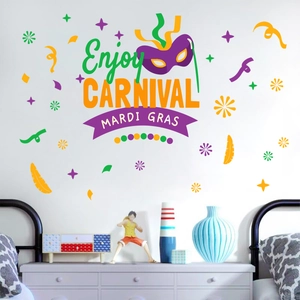 Colorful Mardi Gras Carnival wall decals with festive mask and stars on white wall