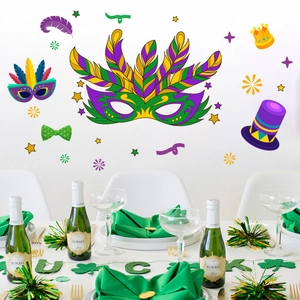 Colorful Mardi Gras wall stickers set featuring masks, crowns, and star decorations