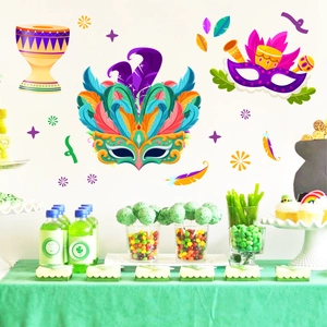 Colorful Mardi Gras wall stickers with masks and drum for Brazilian Carnival party decor
