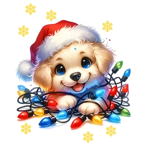 Cute golden puppy sticker wearing Christmas hat with colorful holiday light bulbs