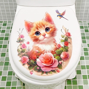 Waterproof bathroom toilet lid decal featuring a cute ginger cat and pink roses