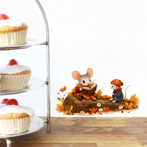 Close-up of cute mice reading on a log wall sticker with autumn leaves and forest details