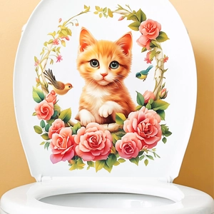 Cute orange cat with floral rose wreath waterproof sticker for bathroom toilet lids