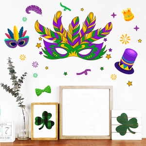 Macro view of Mardi Gras carnival stickers set including masks, crown, and festive stars