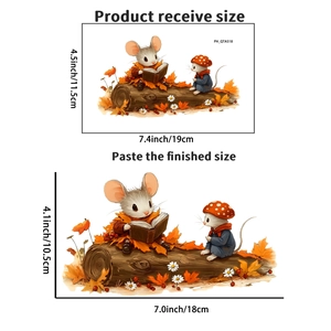 Detailed dimensions of 3D mouse wall decals with cute mice reading on tree stumps