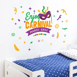 Enjoy Carnival wall decals featuring purple masks and stars on a white wall interior