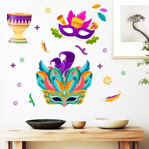 Detailed Mardi Gras wall stickers showing masks and tambourine on a clean white wall