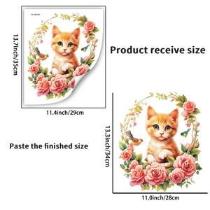 Detail showing the dimensions and application of a cute cat and rose wreath toilet sticker