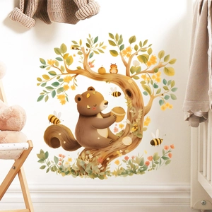 Detailed watercolor bear and bee wall decal for nursery room with warm natural aesthetic