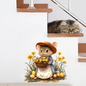 Charming cartoon mouse wall sticker with flower basket on a white staircase decor