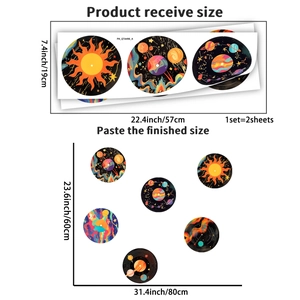 Detailed size comparison of galaxy record wall stickers showing sheet and layout dimensions
