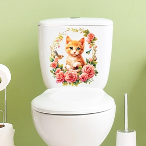 Detail of waterproof toilet sticker featuring a cute orange cat with a floral wreath decor
