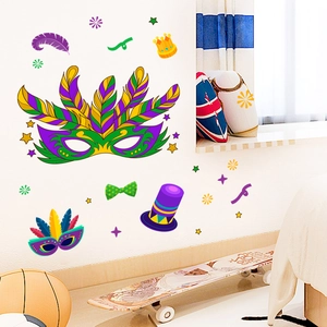 Detailed Mardi Gras themed wall sticker set with colorful masks and festive carnival elements