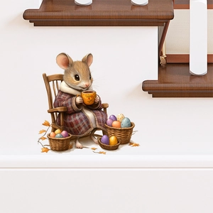 Detailed wall sticker showing a cute mouse in a robe sitting on a chair with Easter eggs