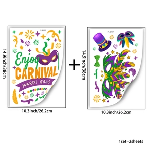 Detailed view of Mardi Gras carnival stickers featuring masks and vibrant festive patterns