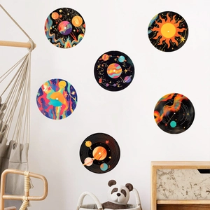 Modern set of 6 vinyl record style planetary wall stickers for home bedroom decor
