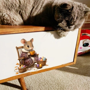 Detail of creative mouse wall sticker on a cabinet with a sleeping cat above