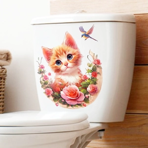Detail view of cute orange cat and pink floral wreath waterproof toilet lid sticker