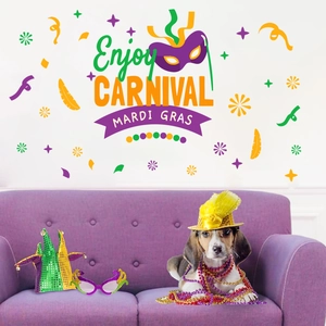 Carnival Mardi Gras wall decals set with masks and feathers over a purple sofa