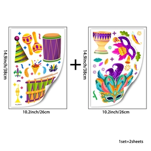 Detailed sheet showing dimensions and colorful carnival stickers with festive instruments