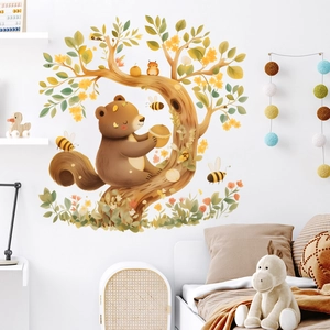 Cartoon Bear Sitting On Tree Branch Wall Sticker PVC Cute Bee Flower Decal For Kids Room Nursery Bedroom Home Decoration Mural
