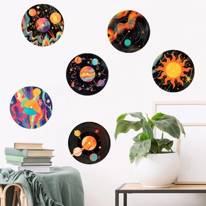 Set of 6 vinyl record wall stickers with space and planet art designs for bedroom decor