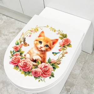 Detail view of cute orange cat and pink rose floral wreath waterproof toilet seat sticker