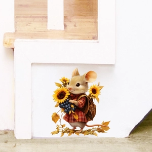 Close-up of a 3D mouse wall sticker holding sunflowers and wearing a red plaid shirt