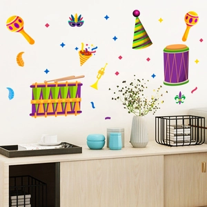 Detail view of Brazilian Carnival wall stickers with colorful drums and party elements