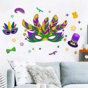 Macro detail of Mardi Gras wall stickers set with masks and crowns on white living room wall