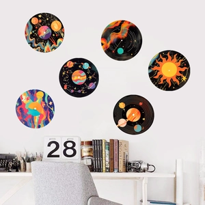 Set of 6 vinyl record wall stickers with colorful galaxy and space art illustrations
