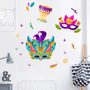 Vibrant Carnival wall sticker set featuring colorful masks, drum and feathers in a room