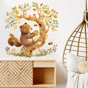 Forest animals wall decal featuring a brown bear with squirrel and honey bees decorations
