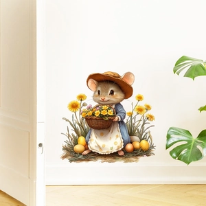 Detail of cute mouse wall sticker with flower basket on white wall near home plants