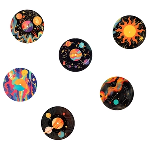 Set of 6 creative vinyl record wall stickers featuring solar system and galaxy space themes
