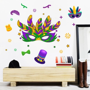 Detail view of colorful Mardi Gras wall stickers featuring masks and feathers on white wall