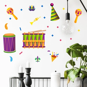 Vibrant Carnival wall sticker set featuring colorful drums and masks in home decor setting