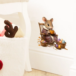 Detailed wall decal showing a cute mouse in a plaid coat on a rocking chair with Easter eggs